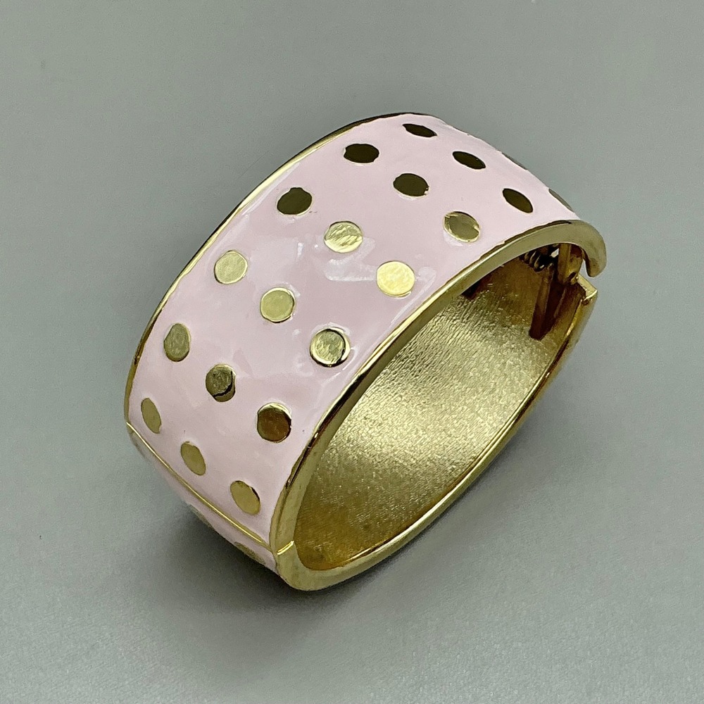 Polka Dot Hinge Cuff Bracelet Womens Pink Gold Tone Enamel Wide Bangle Fashion